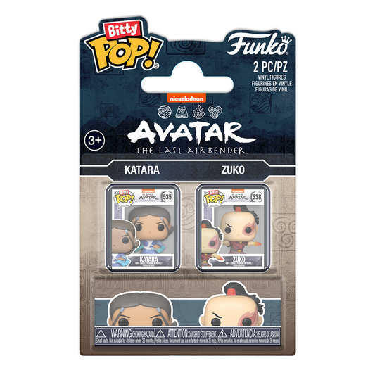 Funko Bitty Pop! packaging for Avatar: The Last Airbender figures Katara and Zuko on a white background.
