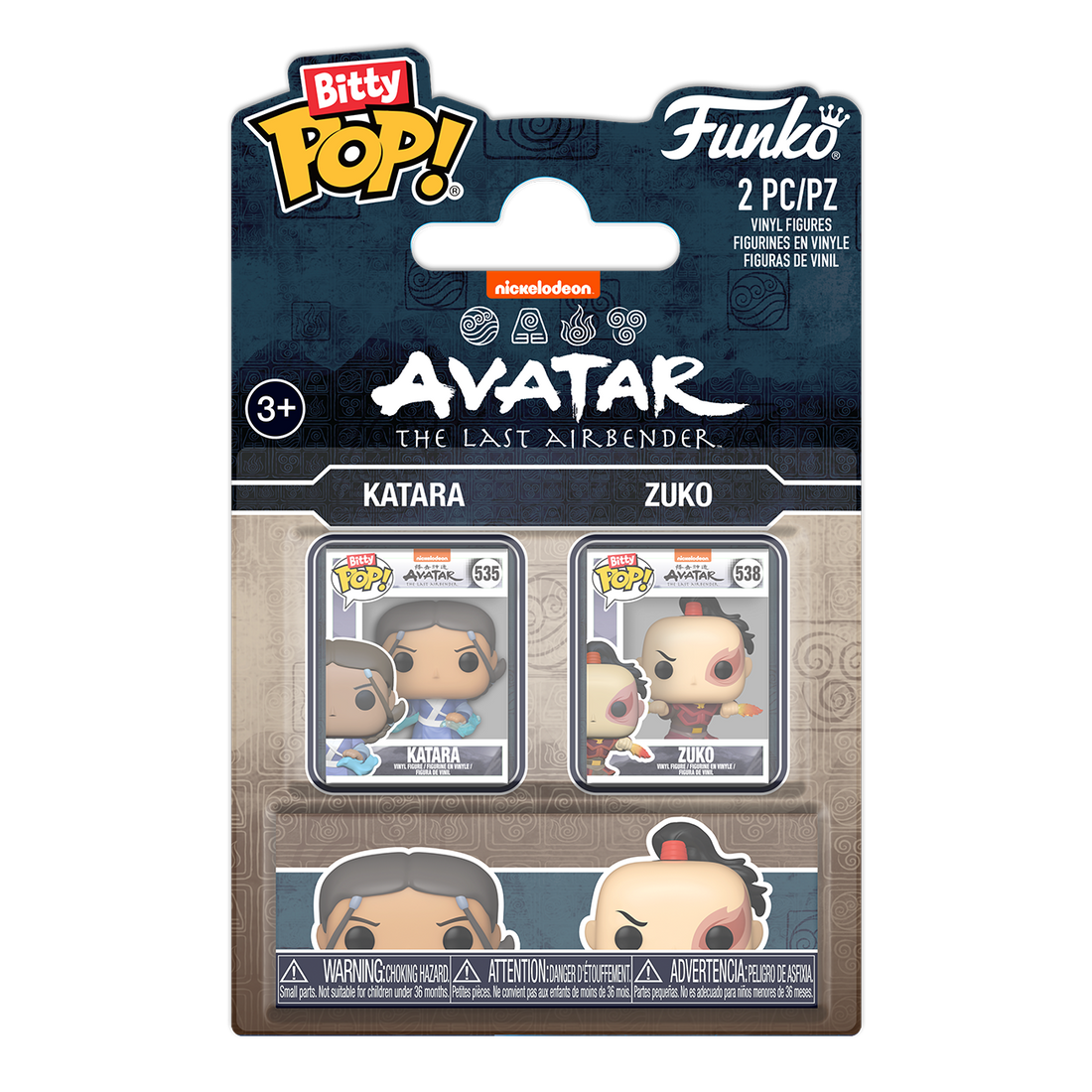 Funko Bitty Pop! packaging for Avatar: The Last Airbender figures Katara and Zuko on a white background.