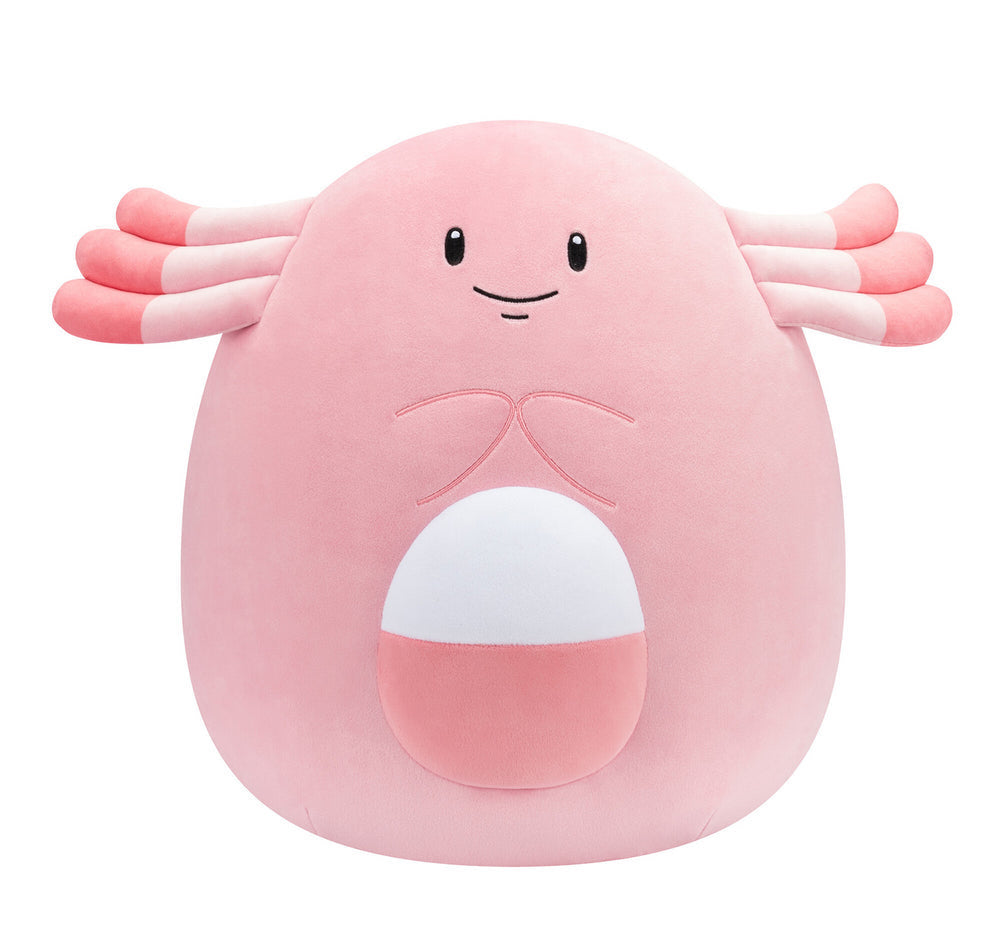 Chansey squishmallow with a smiling face and white accents on a white background