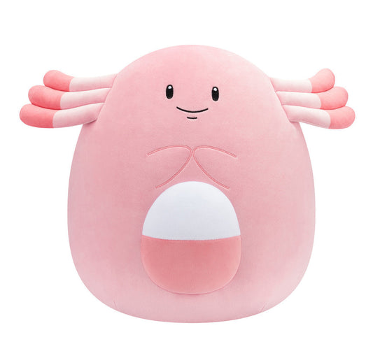 Chansey squishmallow with a smiling face and white accents on a white background