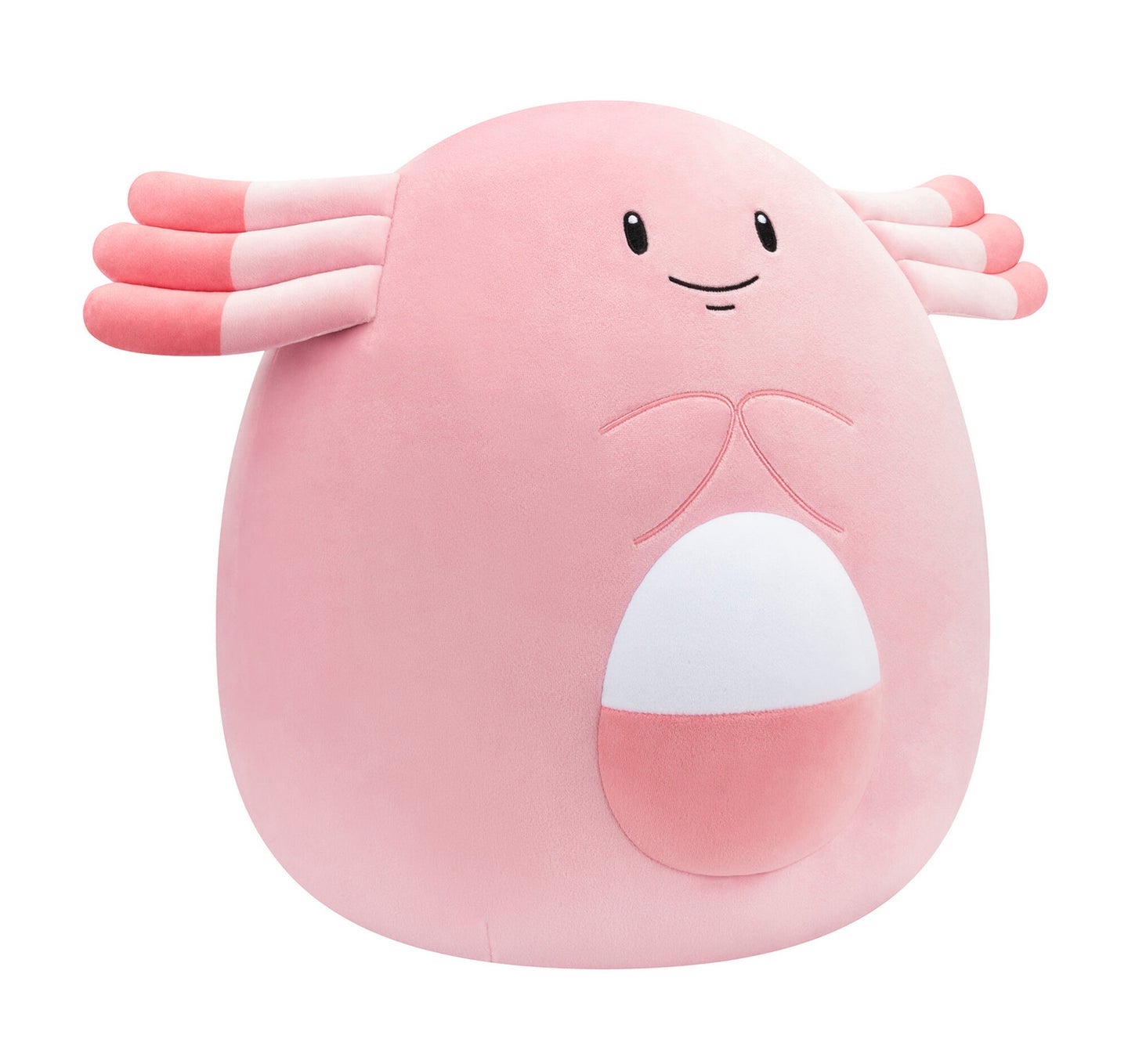 Pink plush toy with a smiling face on a white background